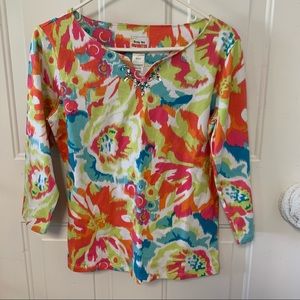 New Ruby Rd Womens Jeweled Vneck Long Sleeved Multicolor Floral Top Size S